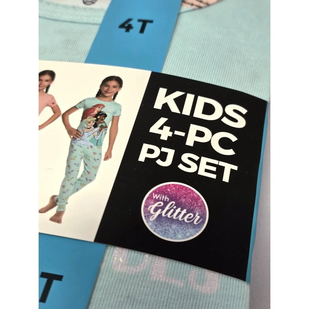 Disney Princess 4pc Pajama Set Cotton Glitter Accents Size 4T